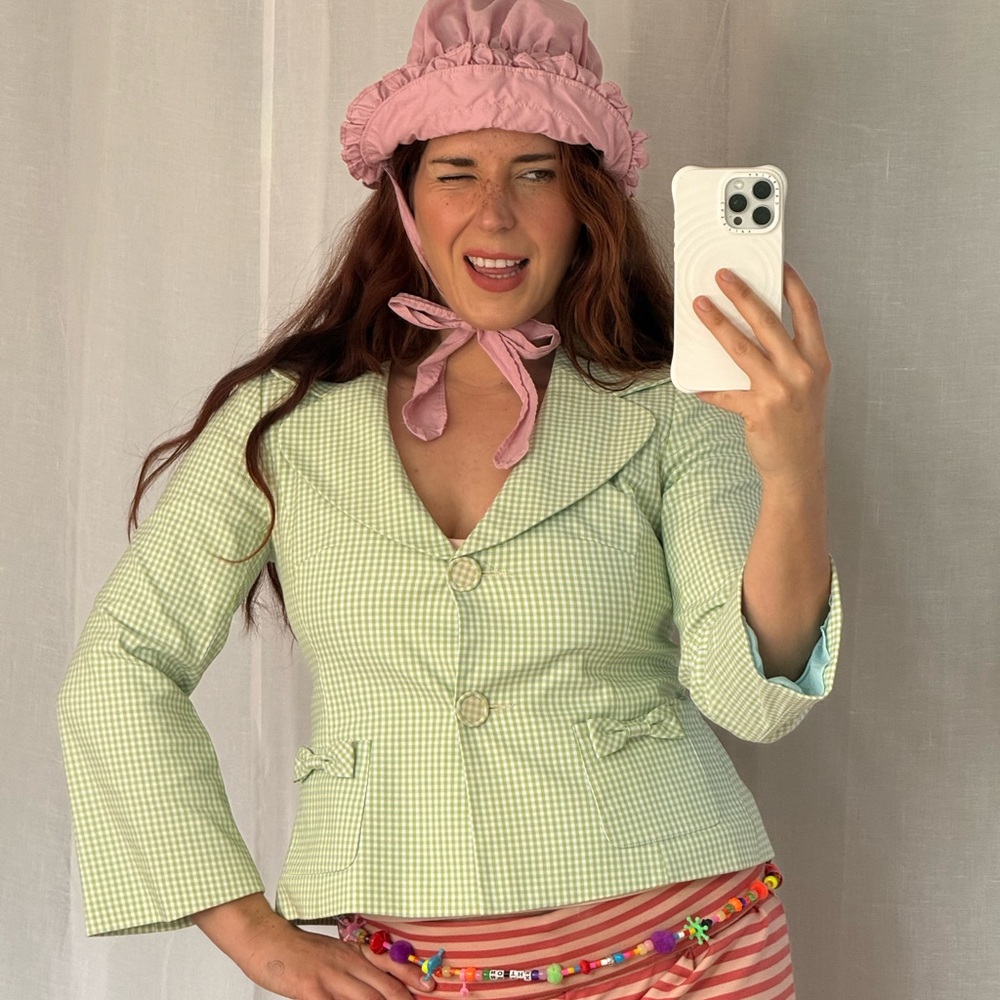Nanette Lepore Green Gingham Bow Blazer Jacket